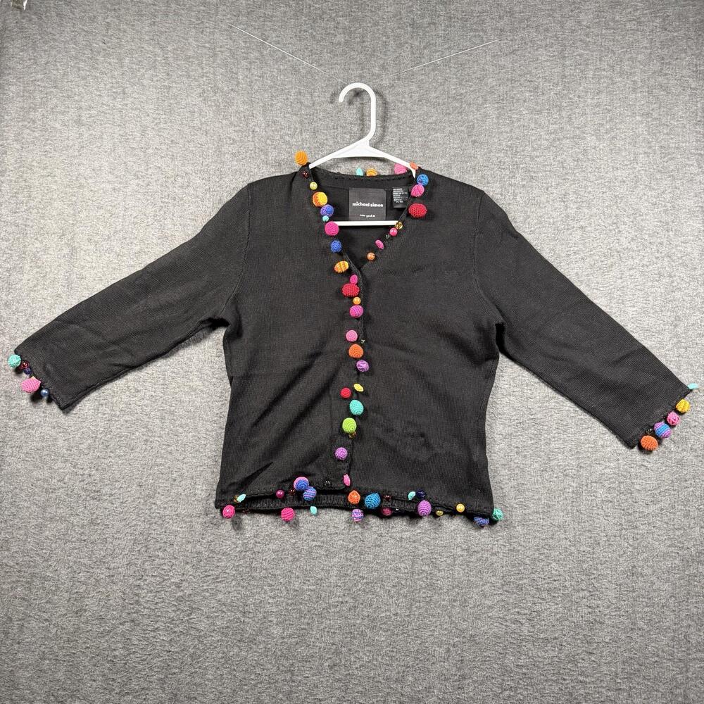 Vintage 1999 Michael Simon Cardigan M Black Crochet Pom Pom Beaded Maximalist